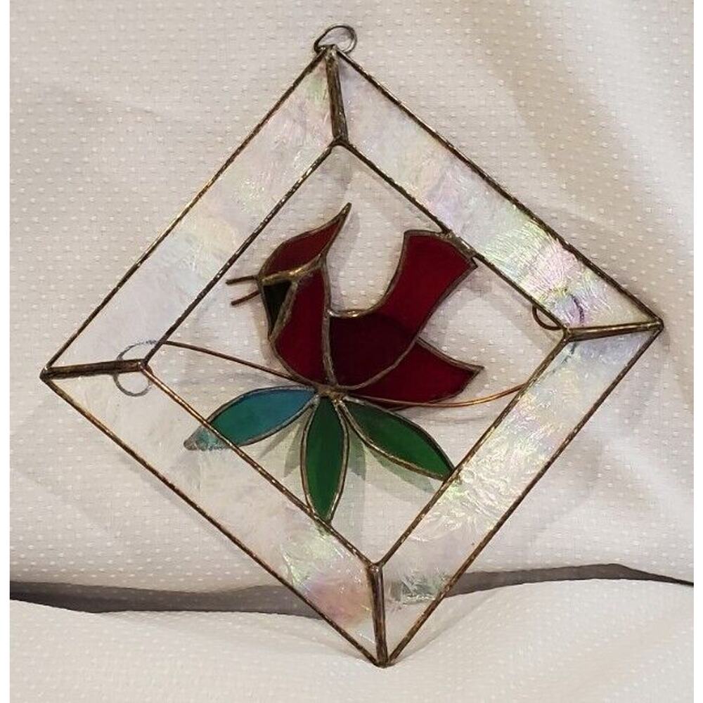 5 1/4" x 5 1/4" Diagonal Hanging Stained Glass Cardinal Red Bird Window Ornament